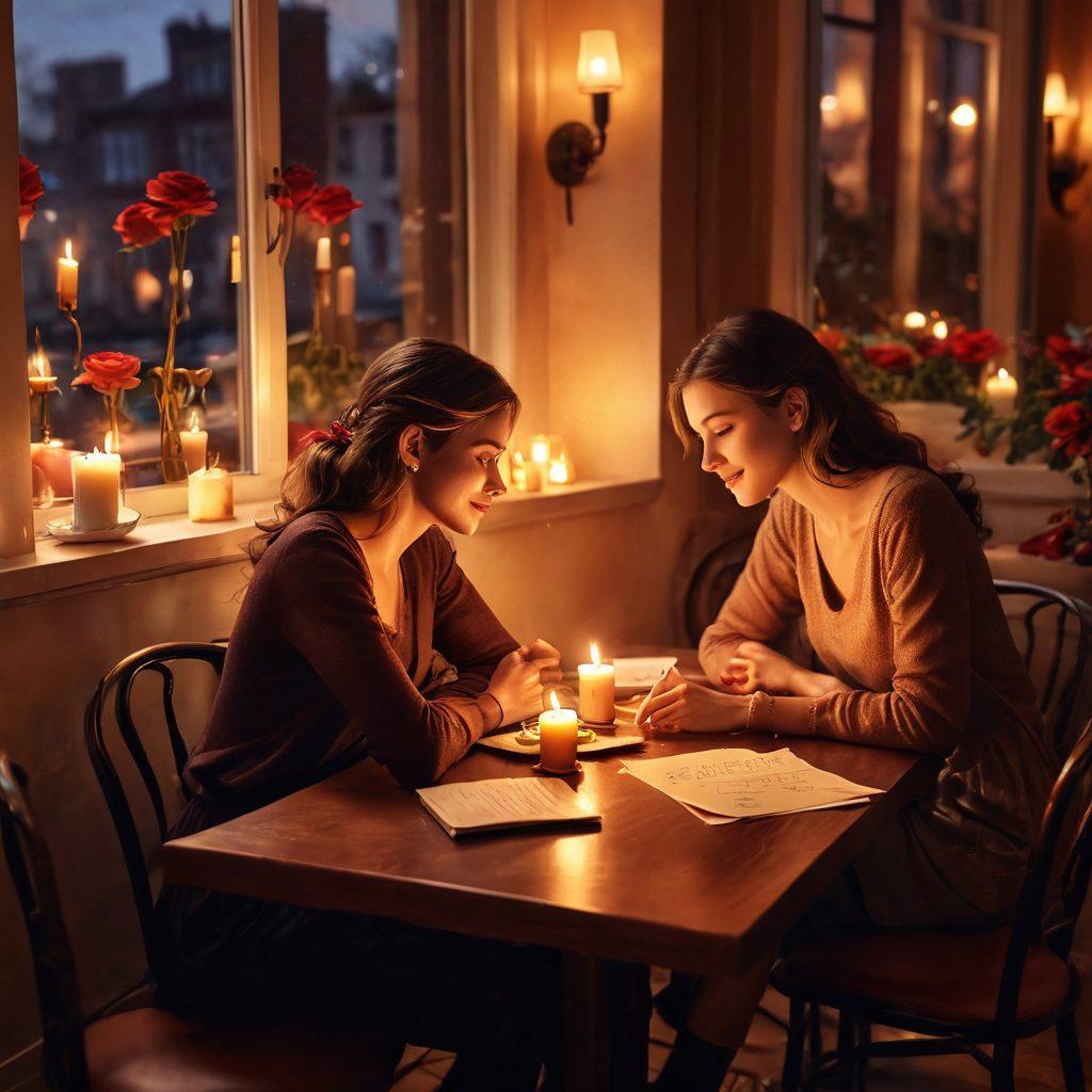 A romantic scene depicting a charming café adorned with candles and roses; a couple engaged in deep conversation, sharing flirtatious glances; soft lighting casting a warm glow; elements of courtship like handwritten love notes and chocolate are subtly placed on the table. digital illustration. warm colors. cozy atmosphere.