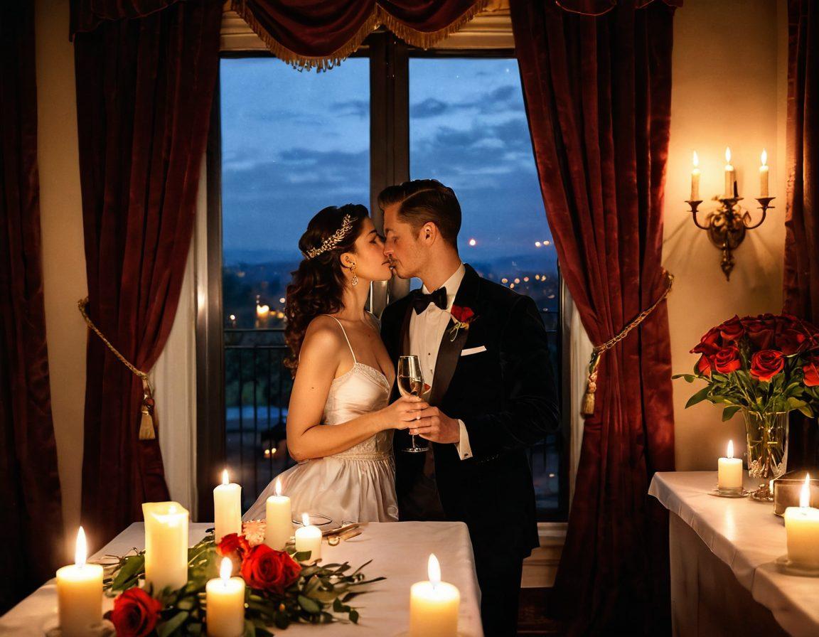 A captivating scene of a couple in an intimate setting, surrounded by soft candlelight and rich velvet curtains, sharing a secret whisper. The ambiance is charged with romance, featuring delicate roses and champagne flutes in the foreground. The couple is portrayed engagingly, with warm smiles, heightening the sense of connection. The background should evoke a dreamy twilight, suggesting intimacy and allure. super-realistic. warm tones. soft focus.