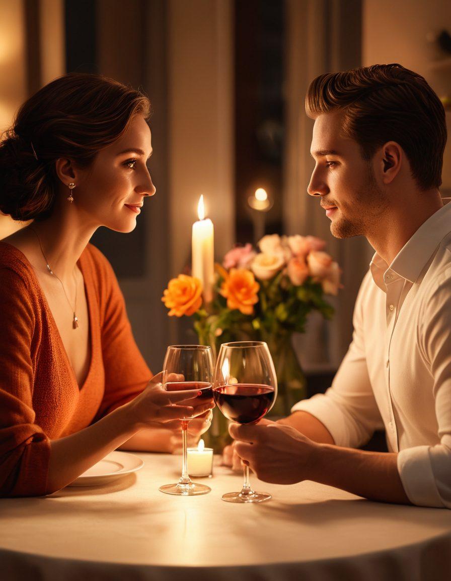 An intimate and warm scene depicting a modern couple sharing a meaningful conversation over a candlelit dinner, surrounded by soft ambient lighting. Include subtle romantic elements like a flower vase and wine glasses, with a cozy atmosphere that conveys connection and understanding. The couple should showcase diverse backgrounds, reflecting inclusivity in modern dating. super-realistic. warm colors. soft focus.